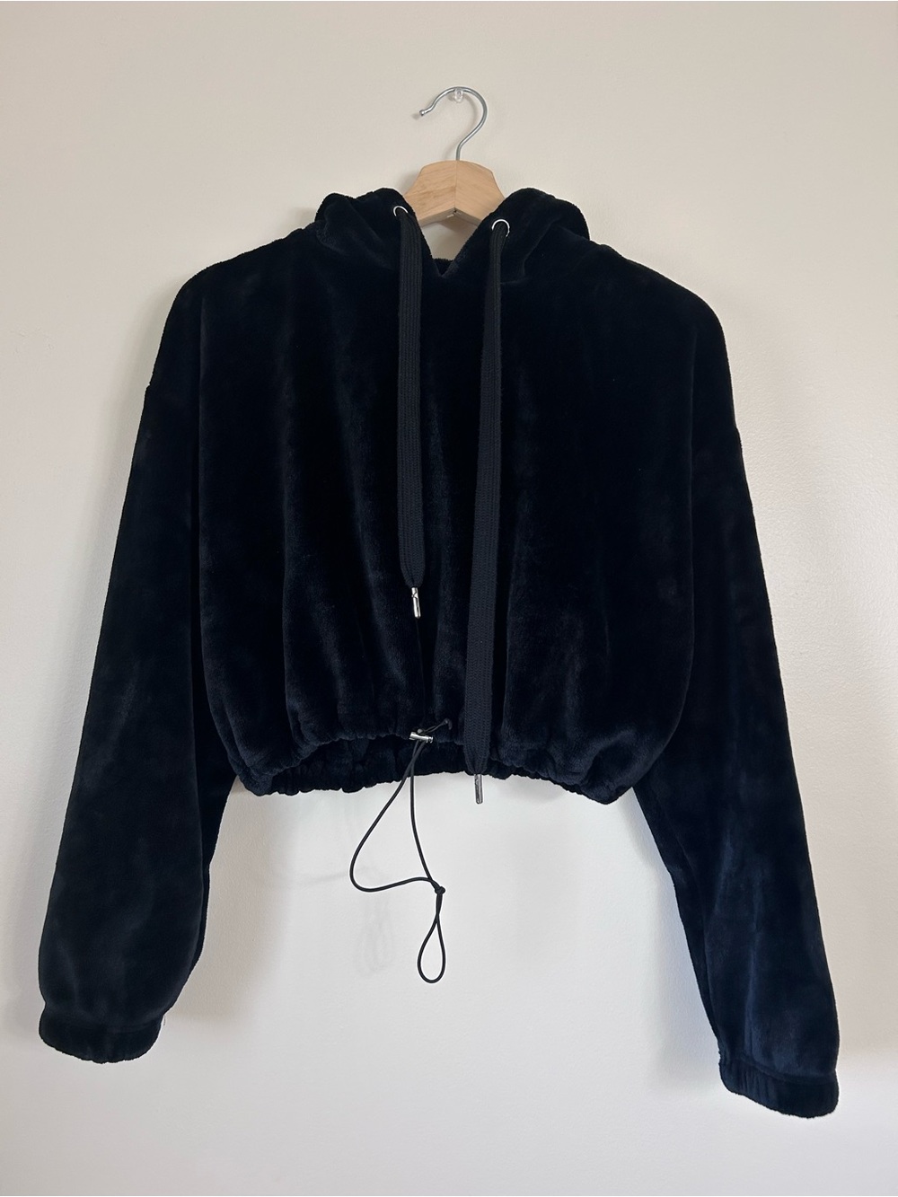 Black Faux Fur Cropped Hoodie Plush Fuzzy Sweatshirt Size S